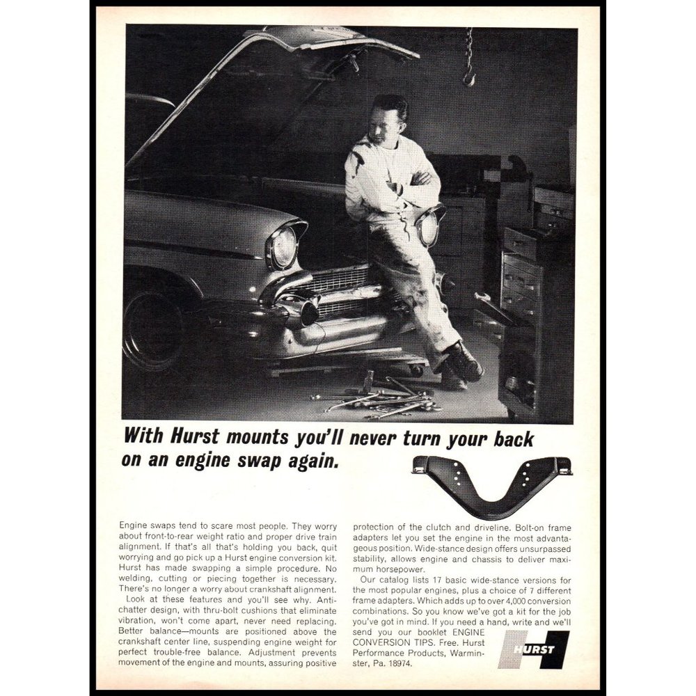 1968 Hurst Motor Engine Mounts Vintage Print Ad Mechanic Tool Chest Wall Art